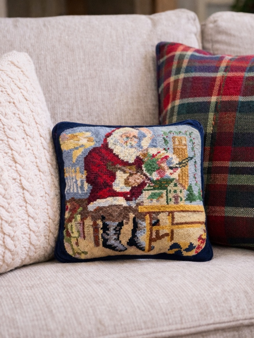Vintage Needlepoint Santa Pillow Christmas Cushion 9.5” Blue Velvet